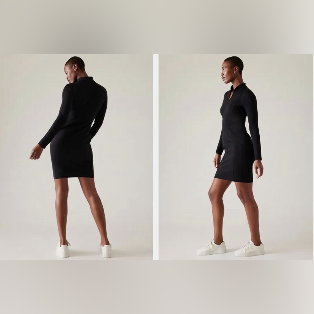 Athleta Delancey Skyline Dress Black Fitted Sporty Work Long Sleeve Size Large